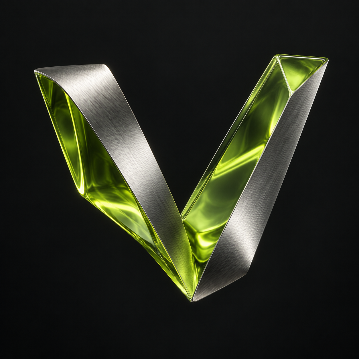 Escultura abstracta en forma de V, con acabado plateado y verde lima